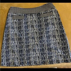 CAbi Blue Tweed Mini Skirt with Houndstooth Waistband
